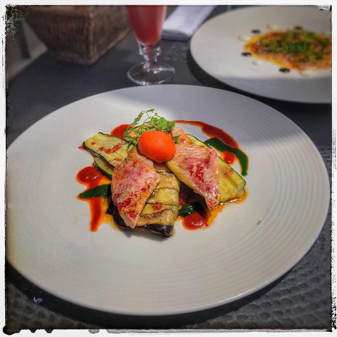 You are currently viewing Filet de rouget grillé, escabèche de légumes, sorbet poivron., by Restaurant La Cote Vermeille, Port Vendre